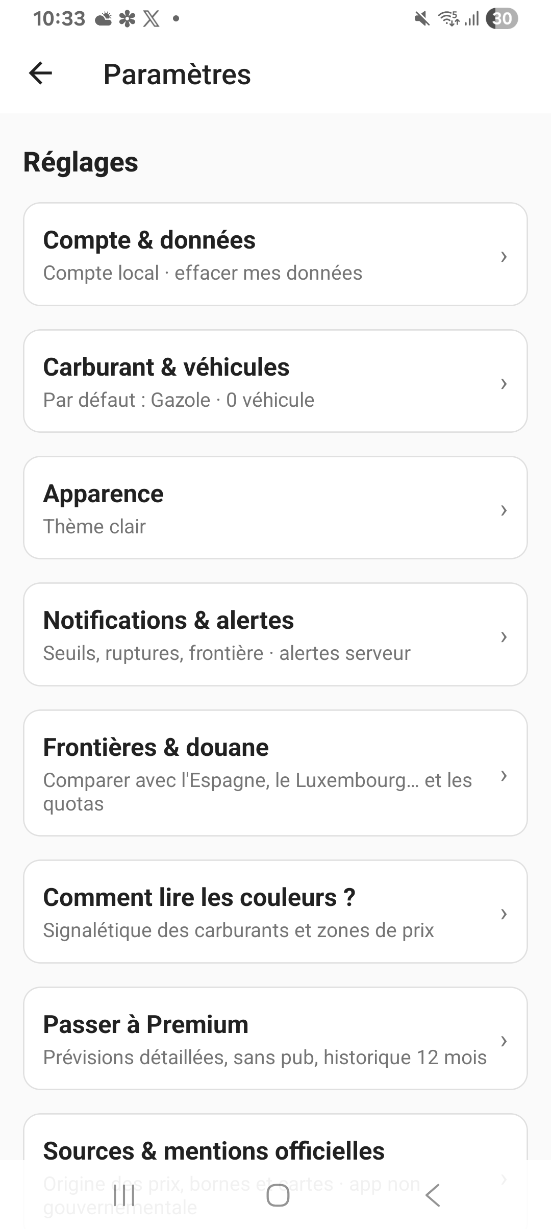 Capture d'écran : réglages et carburant favori